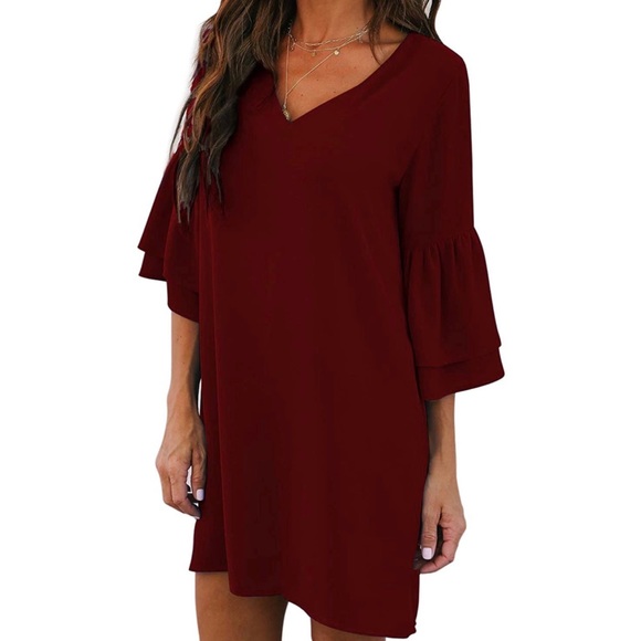 NWT - BELONGSCI - Women’s Dress V-Neck Bell Sleeve, Wine Red. Size XL - Picture 3 of 4